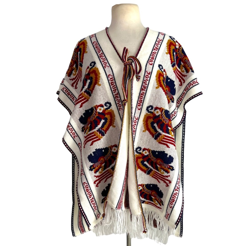 Vintage 70s Circa Cuauhtemoc Aztec Tribal Knit Fringe Poncho Shawl One Size - Picture 2 of 6